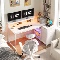 Small Home Office L Shaped Computer Desk With 3 Drawers & Led Lights & Power Outlet & Monitor Stand by Wrought Studio