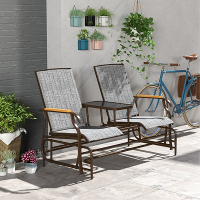 2 Person Outdoor Glider Bench, Patio Swing Glider Chair Loveseat With Breathable Mesh, Table, Steel Frame For Garden, Backyard, Porch by Ophelia & Co.