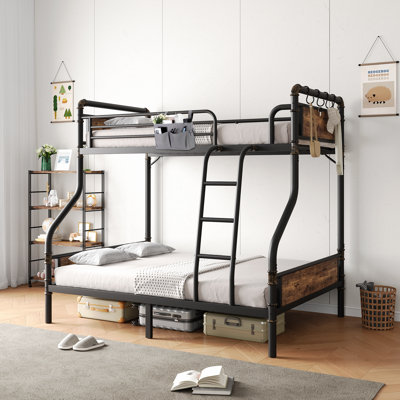 Lunario Metal Twin - Over - Full Convertible Bunk Bed With Safety High Guardrails And Antique Wood Grain