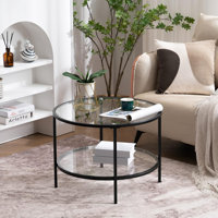 25.59" Double-Layer Round Glass Matte Black Powder-Coated Iron Frame Coffee Table by Wrought Studio