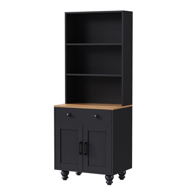 Farmhouse Storage Cabinet with Solid Wood Gourd Legs, Adjustable Shelves & 5-Tier Bookshelf with Drawer, by Ophelia & Co.