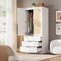 Wood Armoire Wardrobe with 3 Drawers and 2 Doors, Modern Tall Bedroom Storage Cabinet for Hanging Clothes by George Oliver