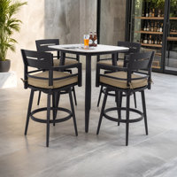 Modern 5pc Outdoor Patio Bar Set,rounded Square Sintered Stone Table & 4 Swivel Bar Chairs by Corrigan Studio