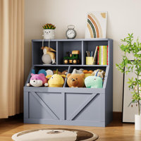 Dark Gray Kids Toy Storage Organizer with Bookshelf, Multi-Functional Toy Shelf and Bookcase for Toddlers, Nursery, Playroom, or Daycare