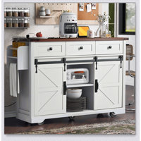 53.7 Inch Farmhouse Kitchen Island with Power Outlet, Sliding Barn Doors, and Drop Leaf for Versatile Storage and Convenience by August Grove
