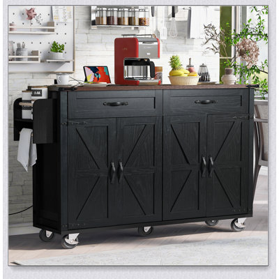 53.5 Inch Farmhouse Kitchen Island with Power Outlet, Spacious Storage, Drop Leaf, and Rolling Wheels for Versatile Use in Home Kitchens by Gracie Oaks