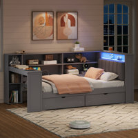 Stylish Wood Platform Daybed With Storage Shelves, Drawers, Charging Station, LED Lighting, Desk & Upholstered Headboard by Hokku Designs