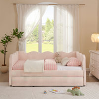 Cozy Gingham Daybed With Trundle Twin Size Sofa Bed No Box Spring Needed, With USB Port And Adorable Wave Shaped, Linen Fabric by Ophelia & Co.