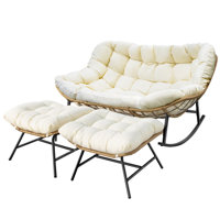 Oversized Cushioned Papasan Rocking Chair with 2 Ottomans, Double Patio Wicker Chair for Porch, Backyard, Deck & Indoor Outdoor Use by Hokku Designs