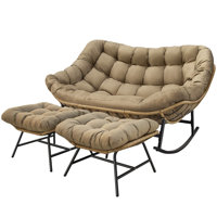 Oversized Cushioned Papasan Rocking Chair with 2 Ottomans, Double Patio Wicker Chair for Porch, Backyard, Deck & Indoor Outdoor Use by Hokku Designs