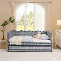 Cozy Gingham Daybed With Trundle Twin Size Sofa Bed No Box Spring Needed, With USB Port And Adorable Wave Shaped, Linen Fabric by One Allium Way