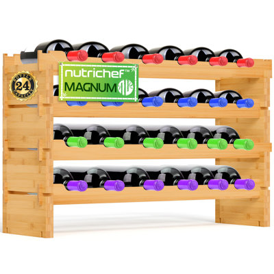 Bamboo Modular Wine Rack For Magnum Size Wine Bottles (4†Diameter) - 24 Bottle 4-Tier 2 Cross Compatible Stackable Wine Rack Systems by NutriChef