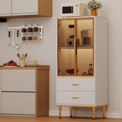 55" Freestanding Display Cabinet, Modern Pantry Cabinet with Glass Doors, 2 Shelves, and 2 Fluted Drawers by Wrought Studio