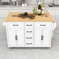 Rolling Kitchen Island Cart with Drop Leaf, Power Outlet, 5 Drawers and Adjustable Shelves