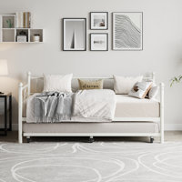 Daybed with Trundle Bed, Twin Size Day Bed with Floral Headboard, Metal SOFE Bed Frame with Pull-Out Trundle, Heavy Duty Steel Slats Supports, for Liv by House of Hampton