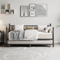 Daybed with Trundle Bed, Twin Size Day Bed with Floral Headboard, Metal SOFE Bed Frame with Pull-Out Trundle, Heavy Duty Steel Slats Supports, for Liv by House of Hampton