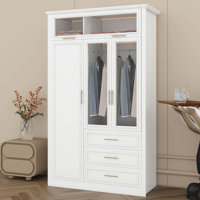 3-Door LED Wardrobe Armoire With 3 Drawers And Dual Hanging Space, Modern Storage Closet With Built-In Lighting, Glass/Wood Doors by Lark Manor