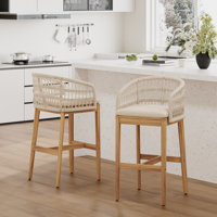 Durable Acacia Wood Barstool with Rope-Weaved Back and Comfortable Fabric Cushion, Perfect for Indoor and Outdoor Use by Bay Isle Home