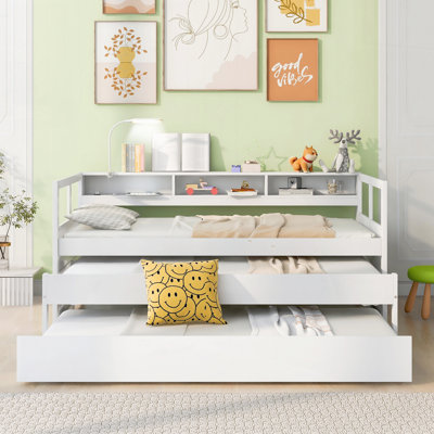 Twin XL Wood Daybed with 2 Trundles, 3 Storage Cubbies, 1 Light for USB Charging Design by Lark Manor