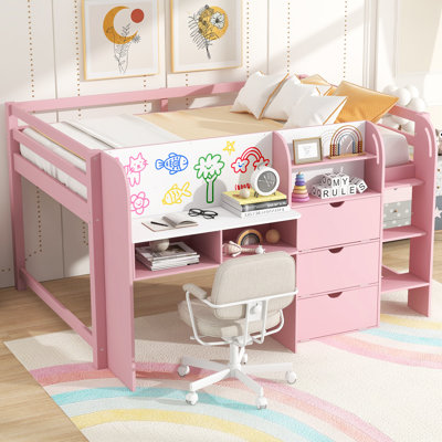 Full Size Low Loft Bed with Desk, Storage Cabinets & Bookcase, Whiteboard for Kids by George Oliver