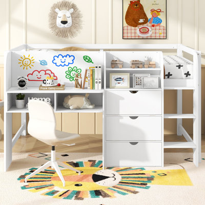 Full Size Low Loft Bed with Desk, Storage Cabinets & Bookcase, Whiteboard for Kids by George Oliver