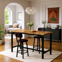 3 Piece Bar Table Set Of 2, 47" Rectangle Pub Bar Table With 2 PU Leather Upholstered Backrest Stools, Small Space Kitchen Dining Table Set For Kitche