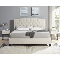 Astral 3-Piece Upholstered Bedroom Set, Tufted Wingback Bed with Two White Nightstands by Everly Quinn