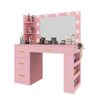 Vanity Desk Pink Makeup Table LED Lighted Mirror 4 Drawers with 6 Storage Shelves & USB Power Outlets by Mercer41