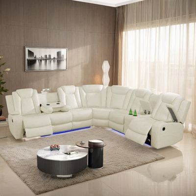 3-pieces 210”breathing Leather Power Reclining Theater Sectional,led Lighting by Wrought Studio