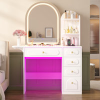 Dressing Table With Large Mirror And Led Lights In 3 Color Schemes, 63-inch High Dressing Table With 5 Drawers, Shelves, Folding Panels, Dressing Tabl by Wrought Studio