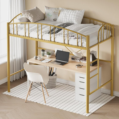 Heavy Duty Metal Loft Bed Frame Twin Size with Ladder, Gold Finish, Space-Saving, No Box Spring Needed by Isabelle & Max