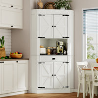 74"corner Cabinet With Charging Station,kitchen Pantry Storage Cabinet With Drawer,freestanding Kitchen Pantry Cabinets With Doors And Shelves,farmhou by Gracie Oaks