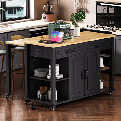 Kitchen Island with Charging Ports, Multi Storage and Trash Can Compartment by Lark Manor