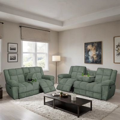 2-Piece Premium Corduroy Manual Recliner Sofa Set With Drop-Down Coffee Table,Cup Holders,And Storage Console by Latitude Run