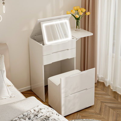3-Light Flip Top Makeup Vanity Set W/ Stool, Folding Side Shelves & Drawers by Latitude Run