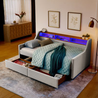 Twin Size Daybed With Storage Drawers, Upholstered Daybed With Charging Station And LED Lights