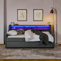 Twin Size Daybed With Storage Drawers, Upholstered Daybed With Charging Station And LED Lights by Ivy Bronx