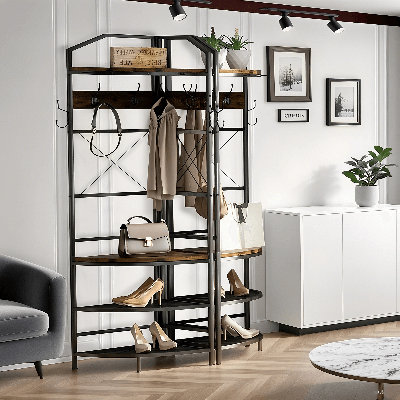 4-Tier Corner Coat Rack With Storage, Farmhouse Freestanding Corner Hall Tree With Bench And 12 Metal Hooks, Multifunctional Entryway Shelf Organizer by 17 Stories