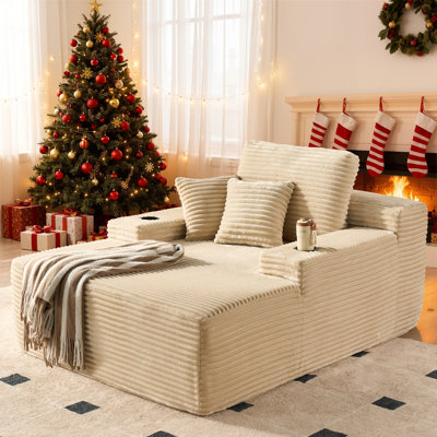 Dual Cup Holder Corduroy Lazy Sofa - Plush Stain-resistant Oversized Chaise Lounge With Pillow, Comfy Single Couch For Living Room by Mercer41