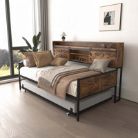 Farmhouse Twin Daybed with Trundle, Barn Door Headboard, LED Light & Charging Station, Wood Frame by Gracie Oaks