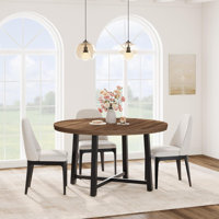 47" Round Industrial Dining Table for 4-6, Wood Top with Metal Frame, Rustic Brown Kitchen Table by 17 Stories