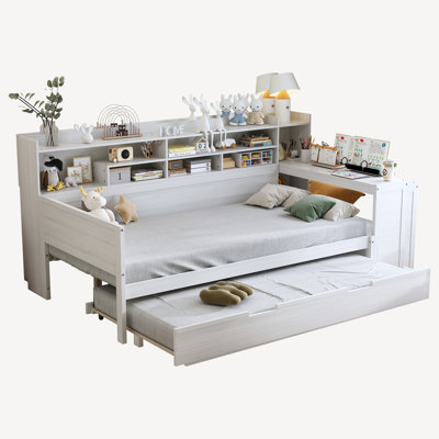 Wooden Daybed Multi-functional Bed with Trundle Bed, Shelves and Study Desk