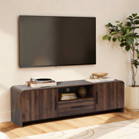 Walnut Finish Manufactured Wood 2-Door 1-Drawer TV Console with Rounded Corners by George Oliver