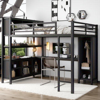 Queen Size Metal Loft Bed With Wardrobe, L-shaped Desk, And Storage Shelves – Space-saving Heavy Duty Loft Bed For Adults by Wrought Studio