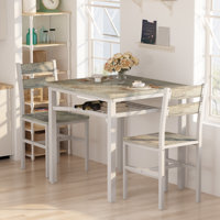 3 Piece Dining Table Set For 2 With Built-In Storage Rack, Small Wooden Kitchen Table With 2 Backrest Chairs, Farmhouse Square Dinette Set For Small S