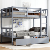 Twin Over Twin Rubber Wood Bunk Bed with 2 Drawers, Convertible into 2 Twin Beds, Safety Guardrails & Ladder by Harriet Bee