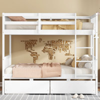 Twin Over Twin Rubber Wood Bunk Bed with 2 Drawers, Convertible into 2 Twin Beds, Safety Guardrails & Ladder by Harriet Bee