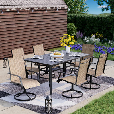 7 Piece Patio Dining Set, Outdoor Dining Table And Chairs Set For 6, 6 Swivel Chairs, 1 Iron Rectangular Table With Adjustable Umbrella Hole (1.57"-1.