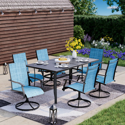 7 Piece Patio Dining Set, Outdoor Dining Table And Chairs Set For 6, 6 Swivel Chairs, 1 Iron Rectangular Table With Adjustable Umbrella Hole (1.57"-1. by Red Barrel Studio