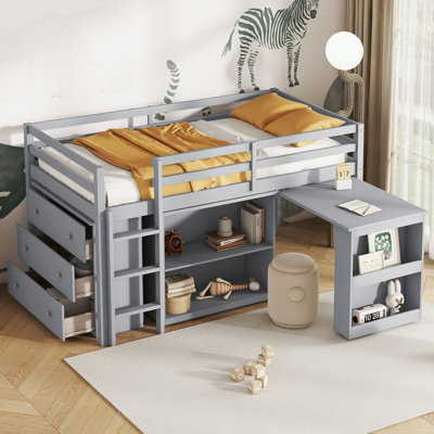 Twin Loft Bed with Pull-Out Desk, Storage Drawers & Shelf, Solid Rubber Wood, Safety Guardrail for Kids by Latitude Run